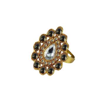 Brass Gold Platted  Green Stone Studded  Ring With Adjustable 1