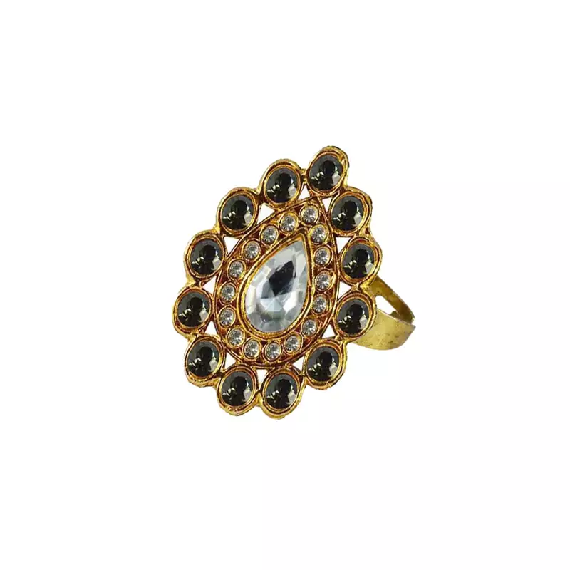 Brass Gold Platted  Green Stone Studded  Ring With Adjustable