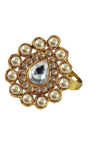 Brass Gold Platted  White Stone Studded  Ring With Adjustable