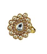 Brass Gold Platted  White Stone Studded  Ring With Adjustable