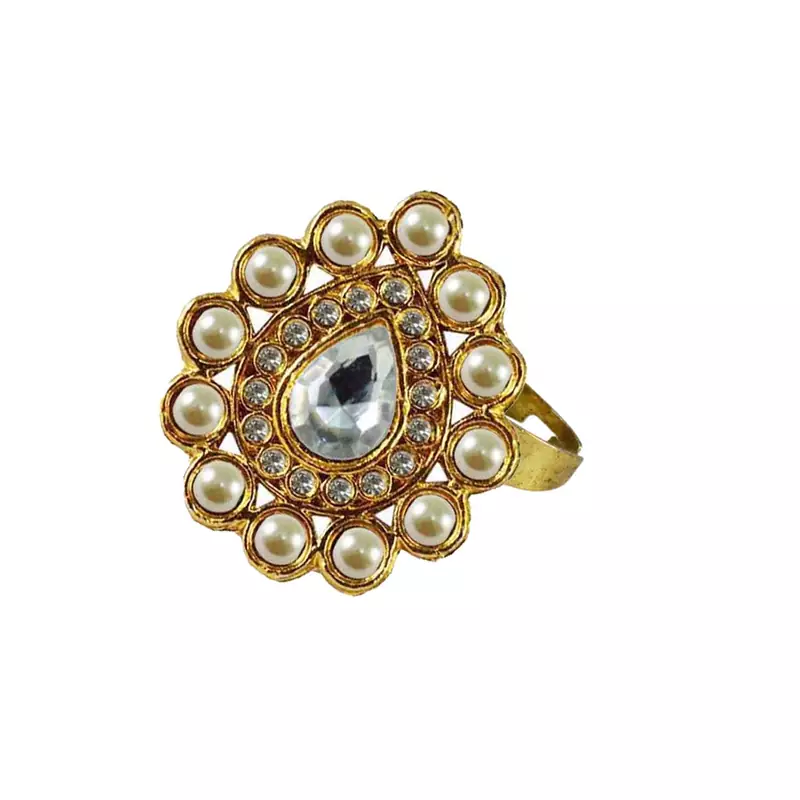 Brass Gold Platted  White Stone Studded  Ring With Adjustable