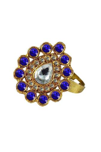 Brass Gold Platted  Blue Stone Studded  Ring With Adjustable