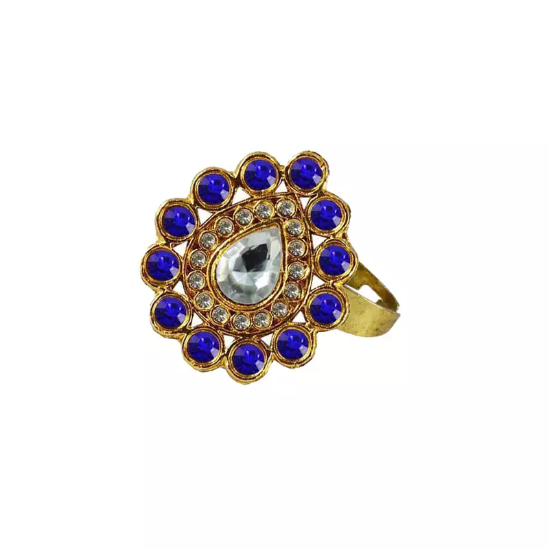Brass Gold Platted  Blue Stone Studded  Ring With Adjustable