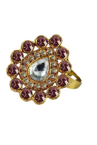 Brass Gold Platted  Pink Stone Studded  Ring With Adjustable