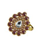 Brass Gold Platted  Pink Stone Studded  Ring With Adjustable