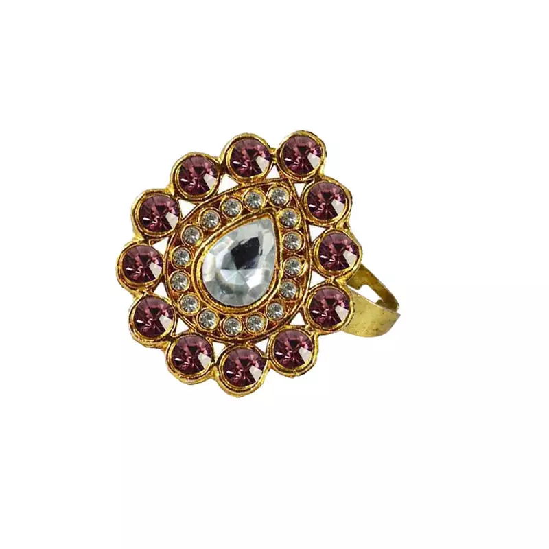 Brass Gold Platted  Pink Stone Studded  Ring With Adjustable