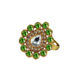 Brass Gold Platted  Green Stone Studded  Ring With Adjustable 1