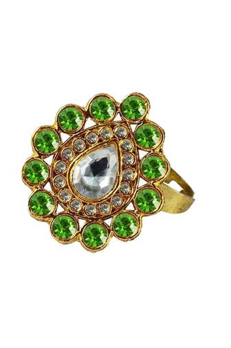 Brass Gold Platted  Green Stone Studded  Ring With Adjustable