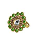 Brass Gold Platted  Green Stone Studded  Ring With Adjustable