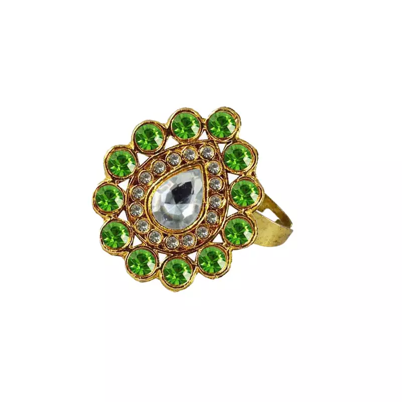 Brass Gold Platted  Green Stone Studded  Ring With Adjustable
