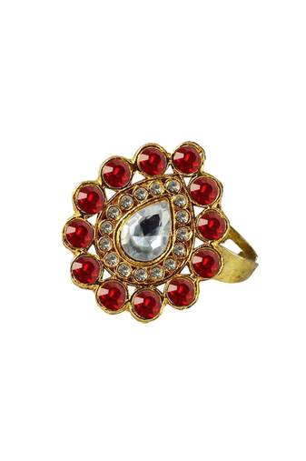 Brass Gold Platted  Red Stone Studded  Ring With Adjustable