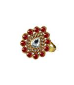 Brass Gold Platted  Red Stone Studded  Ring With Adjustable