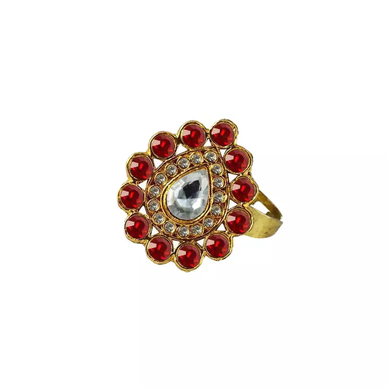 Brass Gold Platted  Red Stone Studded  Ring With Adjustable