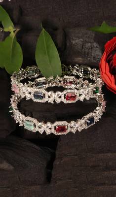 Rhodium Plated Multi-Stone Embellished CZ Bangles BD677 1