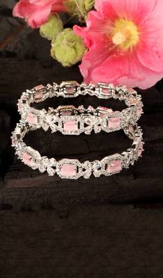 Rhodium Plated Pink Stone Embellished CZ Bangles BD679 1
