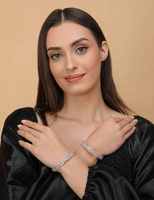 Rhodium Plated Pink Stone Embellished CZ Bangles BD679 2