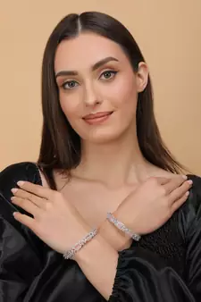 Rhodium Plated Pink Stone Embellished CZ Bangles BD679