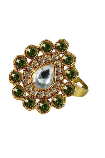 Brass Gold Platted  Green Stone Studded  Ring With Adjustable