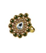 Brass Gold Platted  Green Stone Studded  Ring With Adjustable