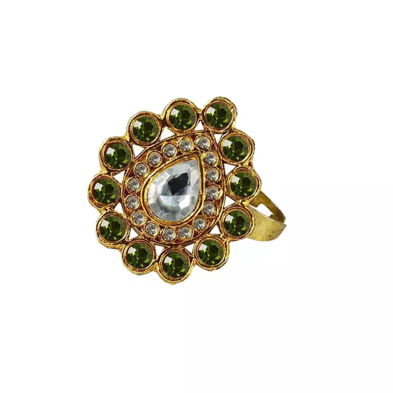 Brass Gold Platted  Green Stone Studded  Ring With Adjustable