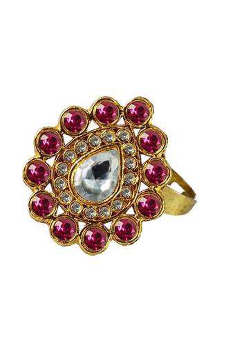 Brass Gold Platted  Pink Stone Studded  Ring With Adjustable
