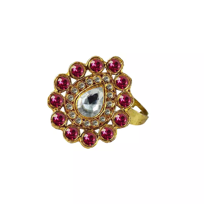 Brass Gold Platted  Pink Stone Studded  Ring With Adjustable