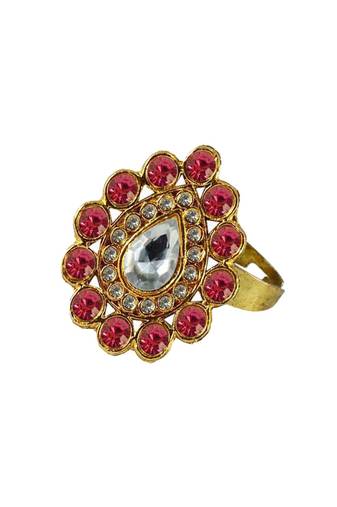 Brass Gold Platted  Pink Stone Studded  Ring With Adjustable
