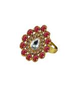 Brass Gold Platted  Pink Stone Studded  Ring With Adjustable
