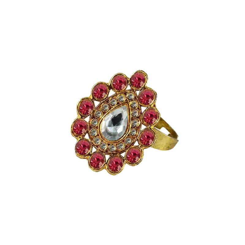 Brass Gold Platted  Pink Stone Studded  Ring With Adjustable