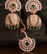 Rose Gold Plated Hydro Green Stone Jhumka with Tikka 216ED684