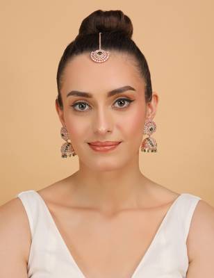 Rose Gold Plated Hydro Green Stone Jhumka with Tikka 216ED684 2