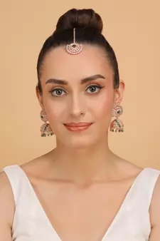 Rose Gold Plated Hydro Green Stone Jhumka with Tikka 216ED684