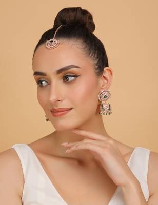 Rose Gold Plated Hydro Green Stone Jhumka with Tikka 216ED684 3