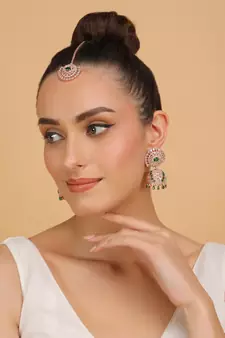 Rose Gold Plated Hydro Green Stone Jhumka with Tikka 216ED684
