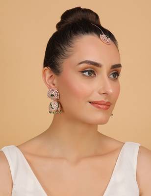 Rose Gold Plated Hydro Green Stone Jhumka with Tikka 216ED684 4
