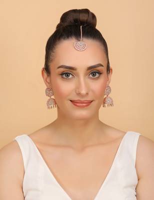 Rose Gold Plated Mint Stone Jhumka with Tikka 216ED685 2