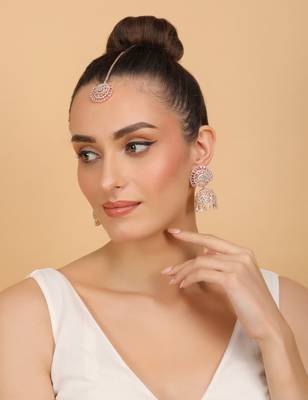 Rose Gold Plated Mint Stone Jhumka with Tikka 216ED685 3
