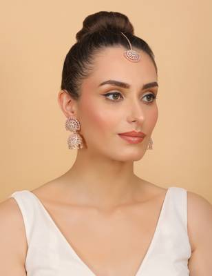 Rose Gold Plated Mint Stone Jhumka with Tikka 216ED685 4