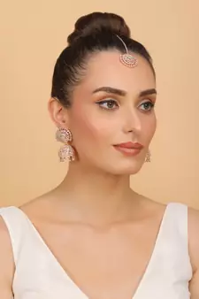 Rose Gold Plated Mint Stone Jhumka with Tikka 216ED685