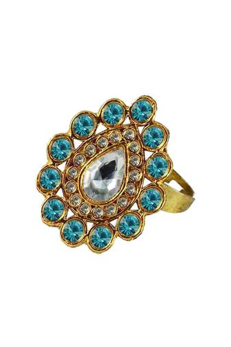 Brass Gold Platted  Blue Stone Studded  Ring With Adjustable