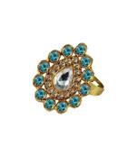 Brass Gold Platted  Blue Stone Studded  Ring With Adjustable