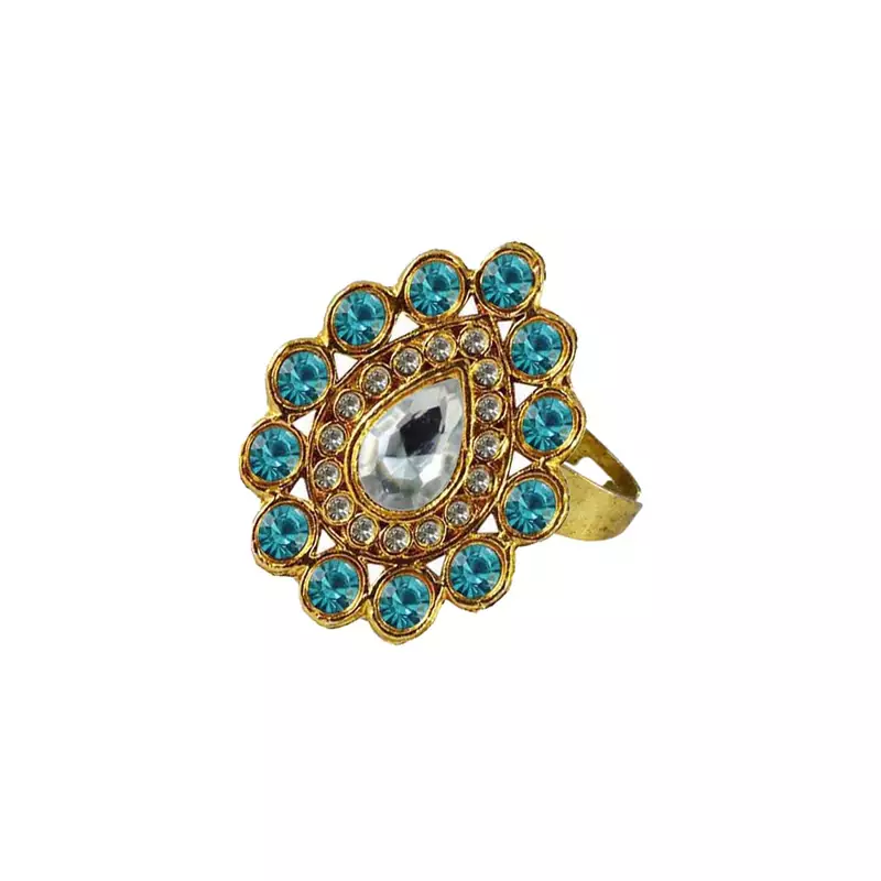 Brass Gold Platted  Blue Stone Studded  Ring With Adjustable