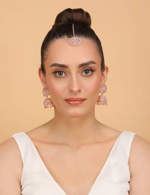Rose Gold Plated Pink Stone Jhumka with Tikka 216ED686 2