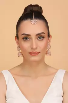 Rose Gold Plated Pink Stone Jhumka with Tikka 216ED686