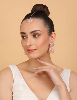 Rose Gold Plated Pink Stone Jhumka with Tikka 216ED686 3