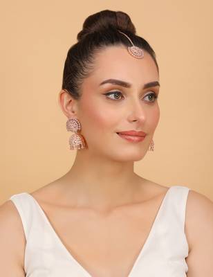 Rose Gold Plated Pink Stone Jhumka with Tikka 216ED686 4