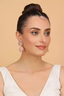 Rose Gold Plated Pink Stone Jhumka with Tikka 216ED686