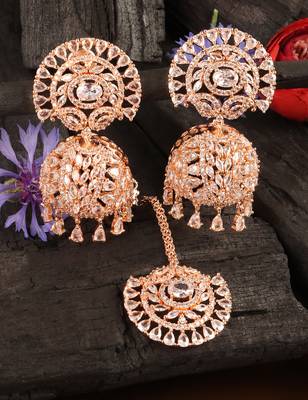 Rose Gold Plated White Stone Jhumka with Tikka 216ED687 1