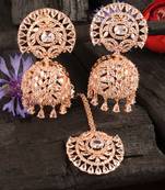 Rose Gold Plated White Stone Jhumka with Tikka 216ED687
