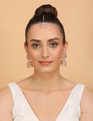 Rose Gold Plated White Stone Jhumka with Tikka 216ED687 3